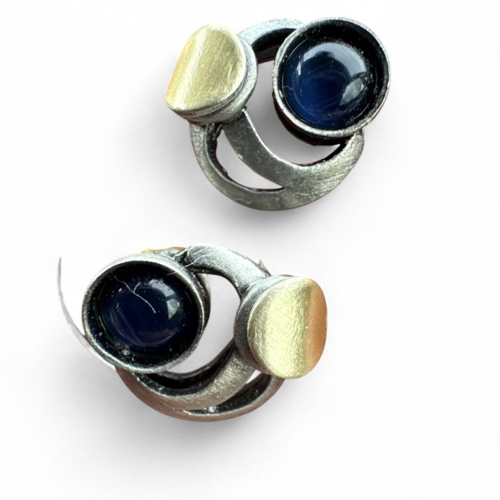 Christophe Poly geometric two-tone Stud earrings Blue Stone Gold Tone accent